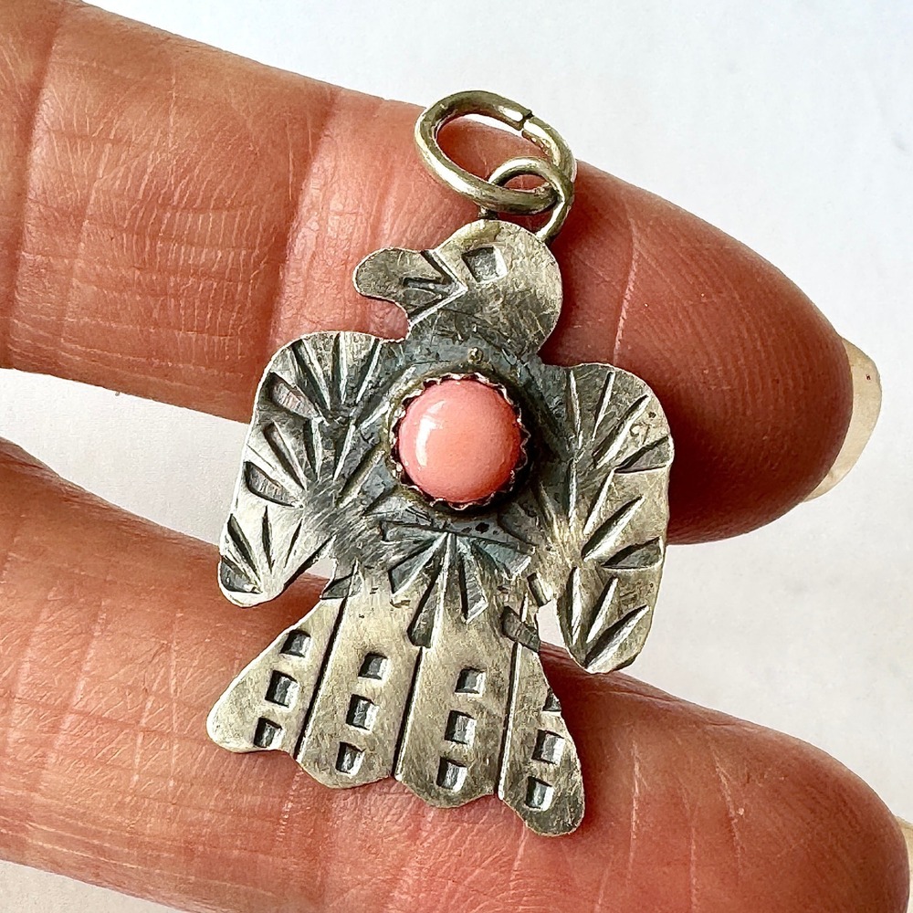Navajo Thunderbird Pendant Pink Conch 1.5in Signed Yazzie Stamped Matte Sterling